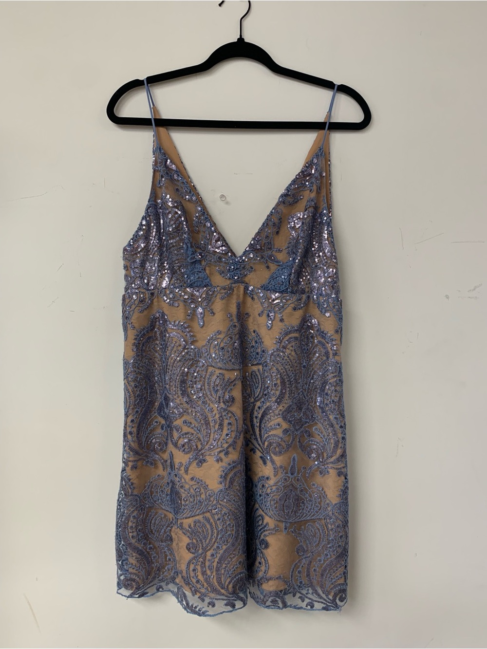 Free People Blue Sequin Lace Slip over Nude
